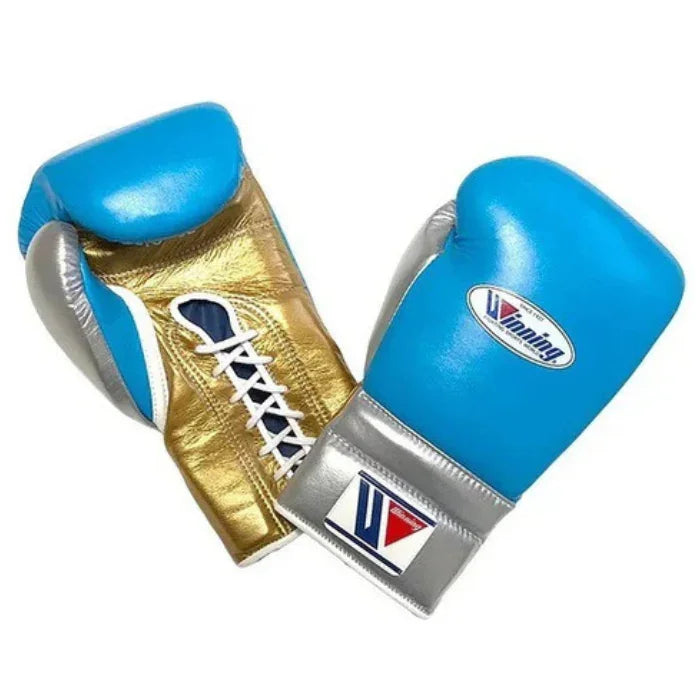Image of Winning Blue, Gold & Grey Lace-Up Boxing Gloves